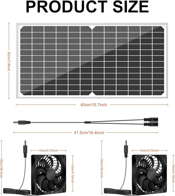 Solar Powered Fan Kit 17.72 Inch IPX7 Weatherproof 22W Solar Panel with 2 Waterproof Fans Intake or Exhaust Air Fan for Outside Backyard Chicken Coops Greenhouses Doghouse
