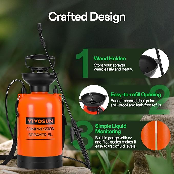 VIVOSUN 1.35-Gallon Pump Pressure Sprayer Pressurized Lawn &amp Garden Water Spray Bottle with Adjustable Shoulder Strap for Spraying Plants Garden Watering and Household Cleaning