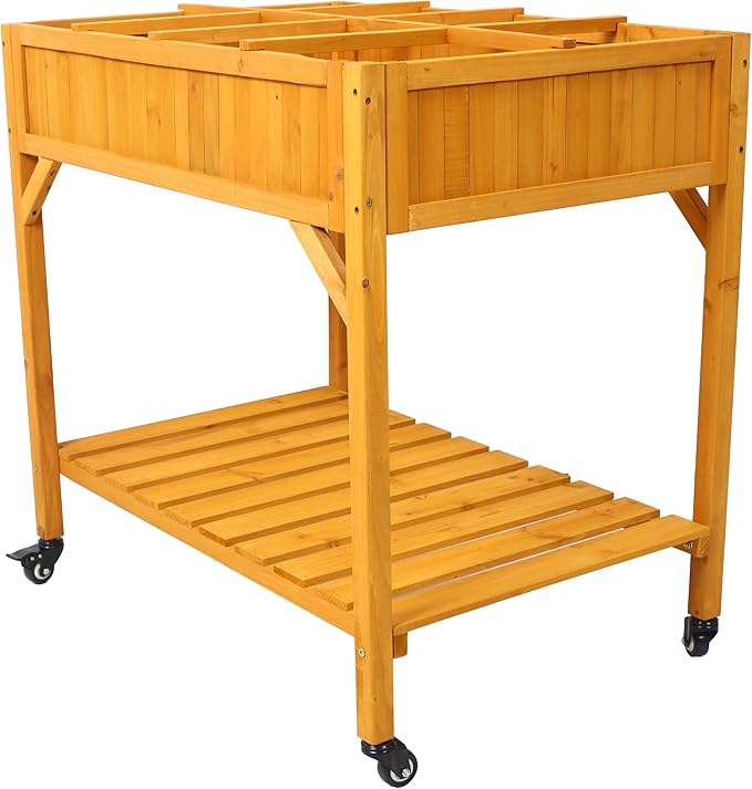 Elevated 8 Pocket Garden Bed Mobile Raised Customizable Wood Planter for Vegetables Flowers w/Lockable Wheels Storage Shelf Drainage Holes
