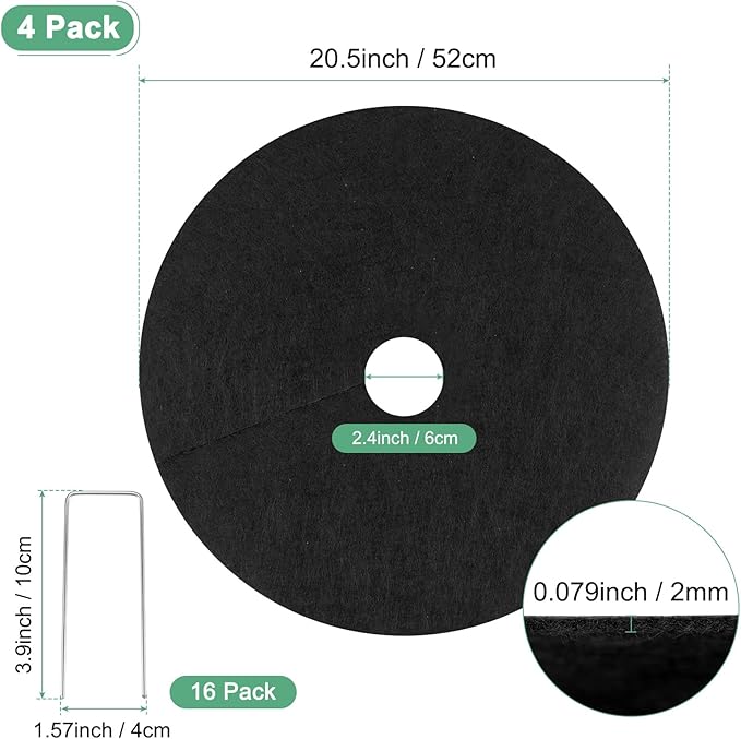 4-Pack Non-Woven Tree Mulch Ring 20.5 Inch Reusable Tree Protector Mat W 16 Garden Stakes for Landscape Control Plant Root Protection Tree Ring Weed Fabric Cover [Black]