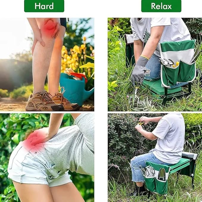 Garden Kneeling Pad and Seat Foldable Garden Seat Removable Tool Bag Sturdy Steel Frame No Assembly Required Portable Garden Stool Gardening Gift for Women Men and Seniors