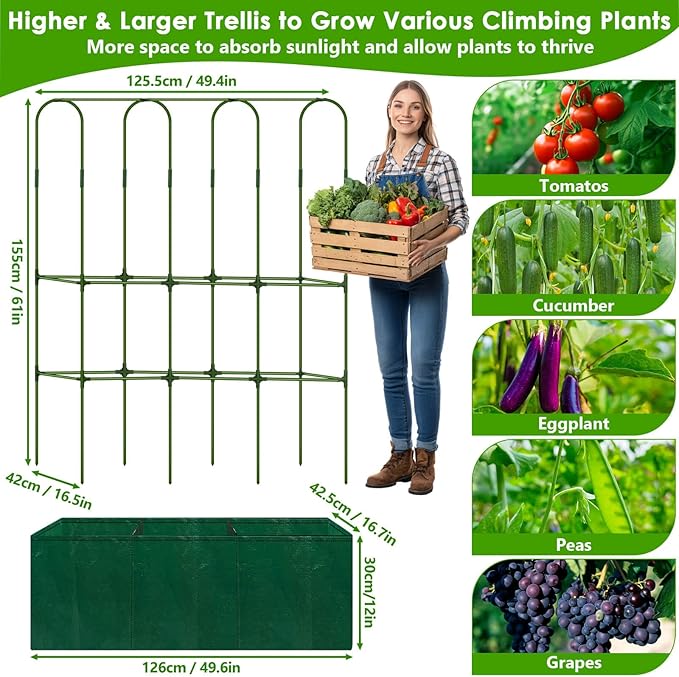 Cucumber Trellis for Climbing Plants with Grow Bag 61 Tall Metal U-Frame Garden Trellis for Raised Bed with Garden Netting and Plant Clip Plant Ties for Vegetables Squash Pea Grape