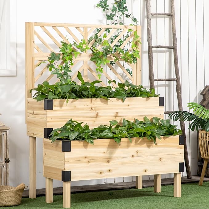 Raised Garden Bed with Trellis: Tier Wood Planter Box &amp Support System for Vegetables Flowers &amp Herbs
