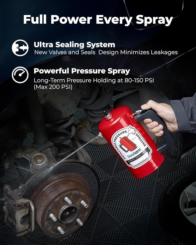 toolant 32oz Refillable Pressurized Sprayer Steel Canister Rust-Resistant Lining Needle Valve Leak-Resistant Dual Nozzles 1.0/0.6mm Funnel Included 200 PSI Max for Brake Cleaner &amp Solvents