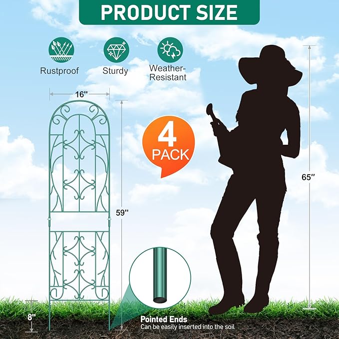 4 Pack 59x16in Metal Garden Trellis for Climbing PlantsGreen Large Trellis for Climbing Plants Outdoor Roses Vegetables Vines Flowers Support Large Decorative Outdoor Trellis