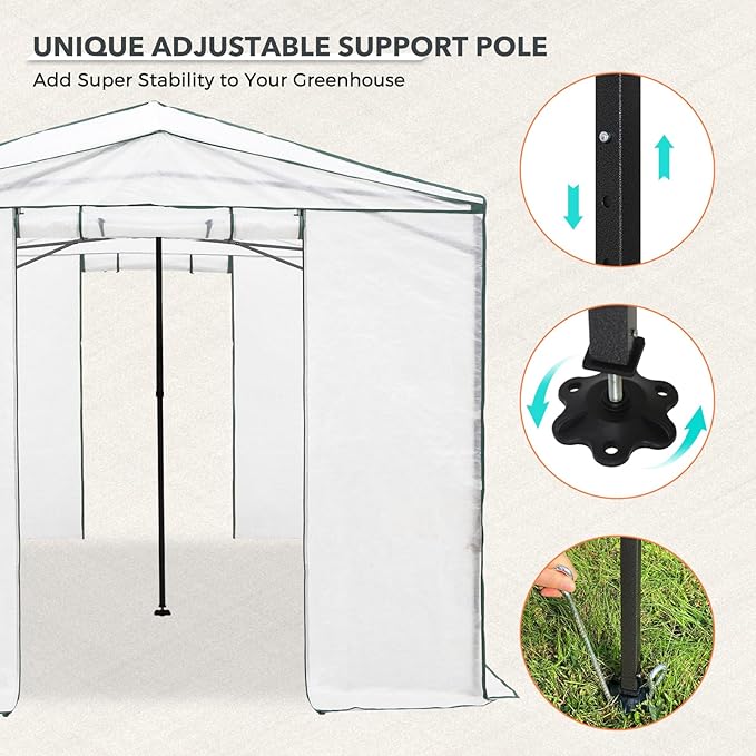 EAGLE PEAK 12x8 Portable Walk in Greenhouse Pop Up Indoor Outdoor Greenhouse Green House Kit with Zippered Roll-Up Doors Windows + Support Pole Woven Cover Translucent