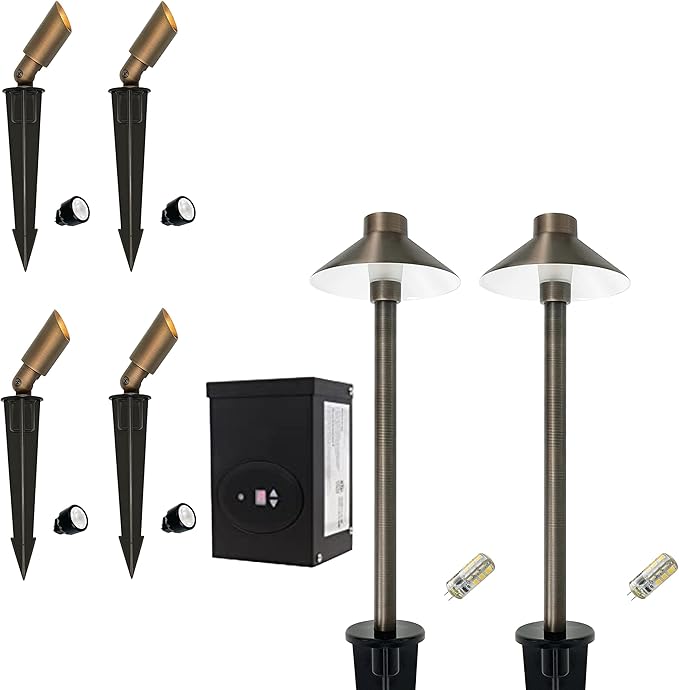GKOLED 4 Pack Mini Brass Landscape Spotlights (MR8 Bulbs Included) with 2 Pack Brass Landscape Path Lights (G4 Bulbs Included) with 1 Pack 120W Low Voltage Transformer