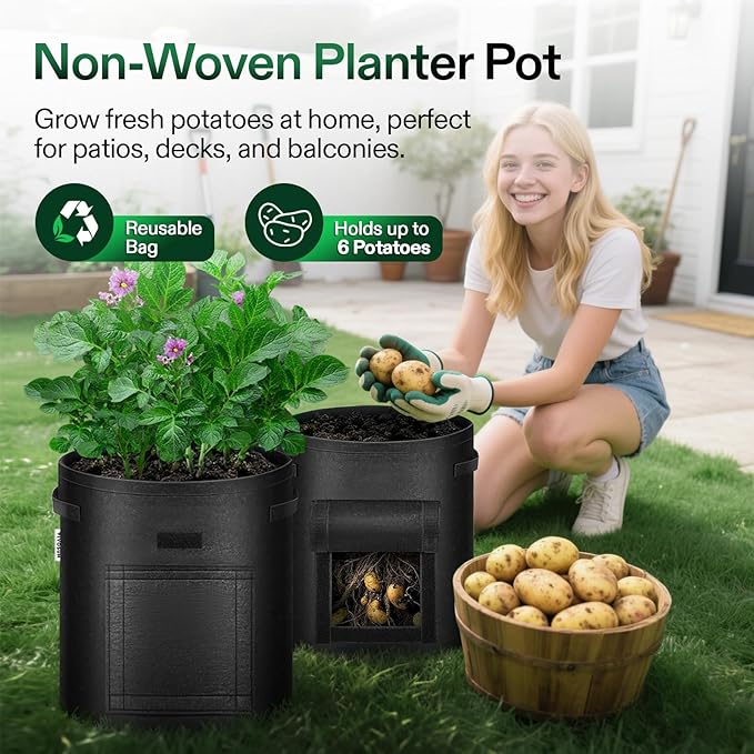 VIVOSUN 5-Pack 7 Gallon Potato Grow Bags Fabric Pots With Handle and Roll-up Window Planter Containers for Growing Potatoes Black