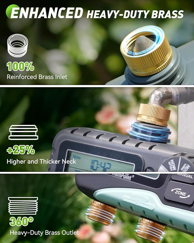RAINPOINT 3 Zone Water Timer with Brass Inlet &amp Outlet 3 Custom Watering Plans Sprinkler Timer Featuring IP65 WaterproofRain Delay Manual &amp Automatic Watering with Large LCD for Yard 2026