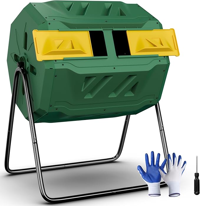 SUPER DEAL Outdoor Composter Bin 43 Gallon Dual Chamber Composter Tumbler 360° Rotating BPA Free with Sliding Doors Heavy Duty Steel Frame for Garden Yard Kitchen Waste Green