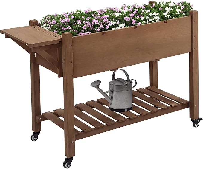 Outsunny Raised Garden Bed with 8 Grow Grids Wooden Outdoor Plant Box Stand with Folding Side Table and Wheels 49 x 21 x 34 for Vegetables Flowers Herbs Brown