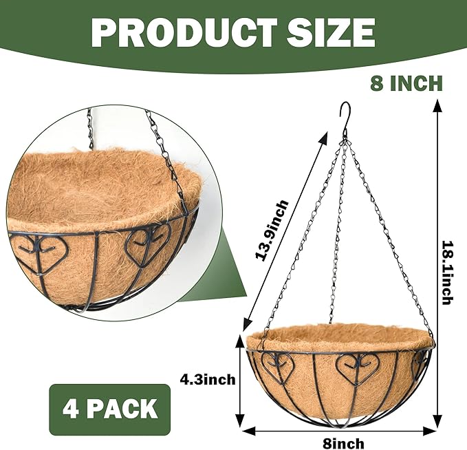 4 Pack 8 Inch Hanging Baskets for Plants Outdoor Metal Hanging Planter Basket with Coco Coir Liner Hanging Flower Baskets for Garden Patio(Modern)