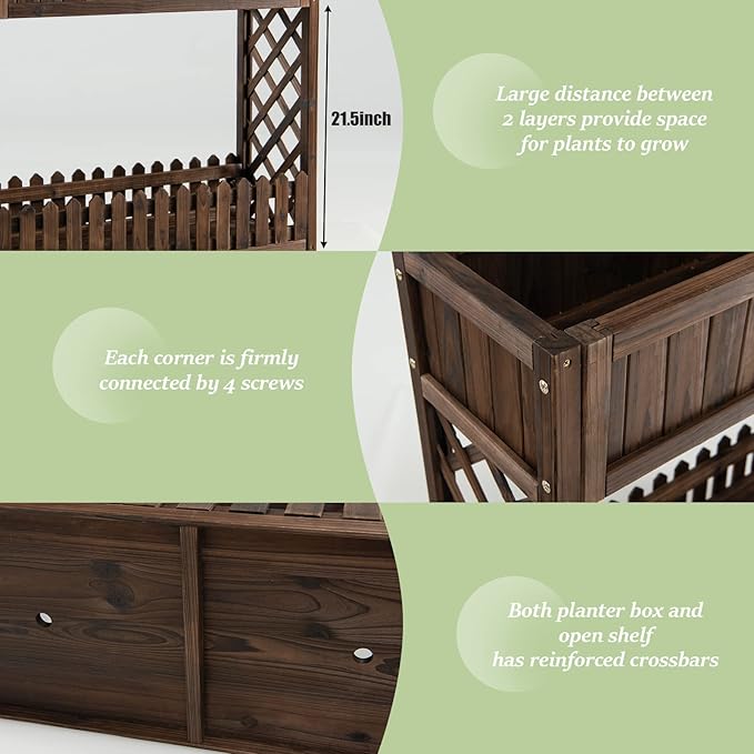 Giantex Planter Raised Bed Elevated Potted Plant Rack W/Shelf Fence Wooden Standing Plant Container Box w/Trellis for Vegetable Flower Herb Succulent Indoor Outdoor Patio Balcony (Brown)