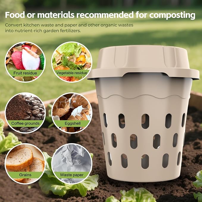 2-Pack Inground Worm Composter 8L Outdoor Worm Farm Worm Compost Bin for Garden Beds &amp Home Use Vermicomposting Bin for Recycling Food Waste (9.5x9.5x10.8Inch) Beige