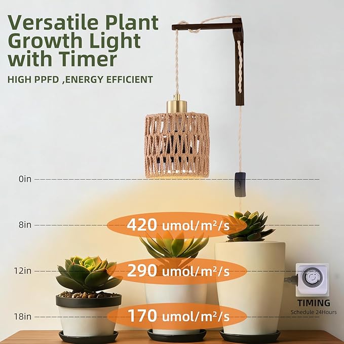 Hanging Grow Lights for Indoor Plants - 35W 4000K Full Spectrum Plant Light Wall Mounted Grow Light with Wooden Bracket Timer 15FT Power Cord Ideal for Plants Flowers &amp Home Decor