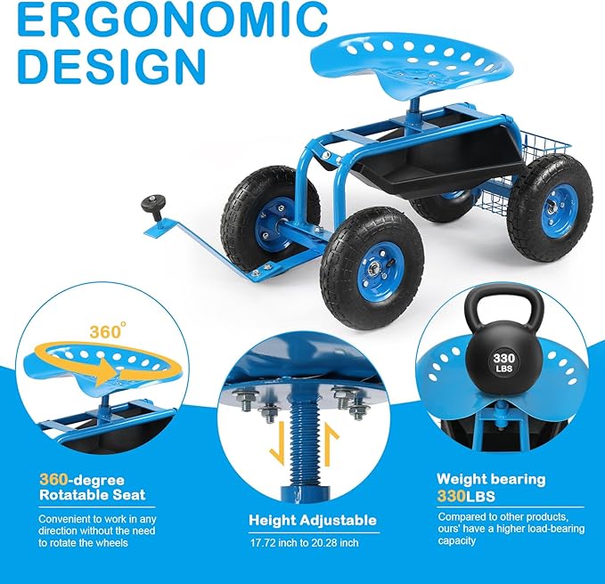 Rolling Garden Work Seat with Wheels Gardening Stool for Planting Garden Scooter with 360 Degree Swivel Seat &amp Steering Handle &amp Tool Tray Blue