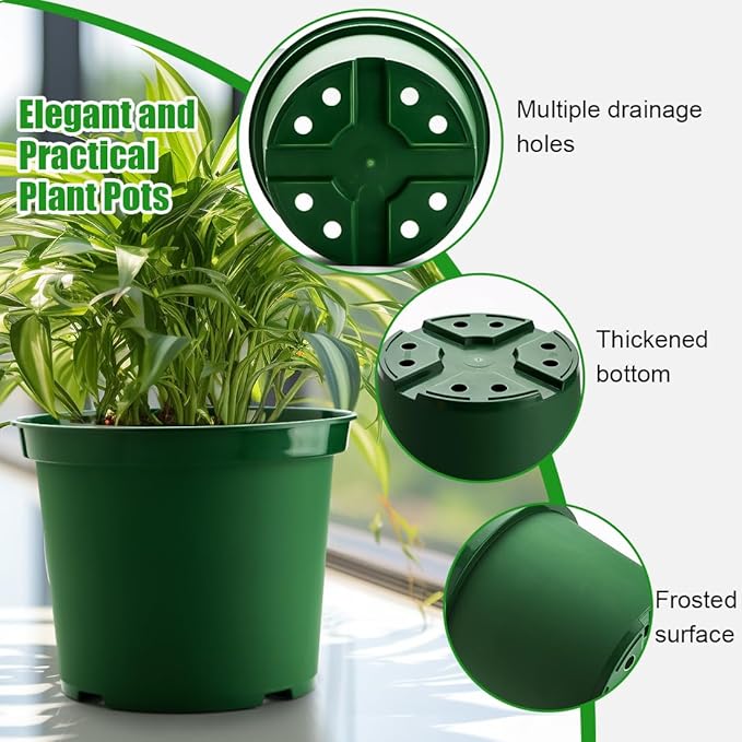 5 Gallon 12 Inch Plastic Nursery Pots Plant Containers with Drainage Holes Round Sturdy Garden Planters for Indoor/Outdoor Greenery Gardening Gifts for Women (5-Pack Green)