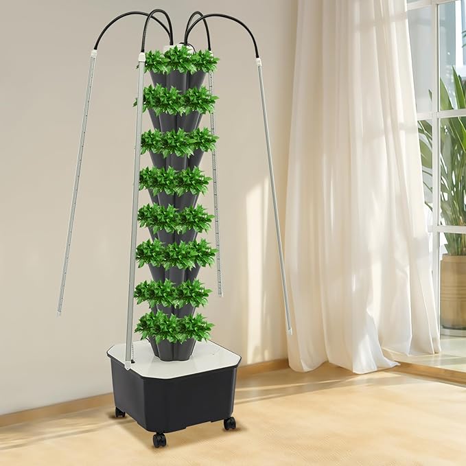 Vertical Hydroponics Growing System 40 Hole 8 Layer Hydroponic Tower with Full Spectrum LED Lights &amp Brake Wheels Indoor Outdoor Hydroponic Garden Kit for Home Balcony Farm Grey