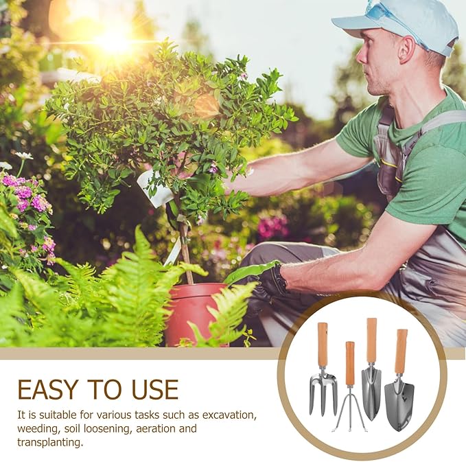 Garden Hand Tools Set 4pcs with Wooden Handles – Wide Shovel Pointed Trowel 3-Prong Rake Cultivator for Outdoor Gardening and Planting Yard Care