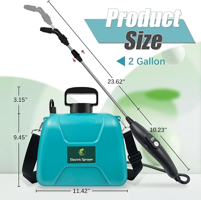 2 Gallon Battery Powered Garden Sprayer Electric Sprayer with USB Rechargeable Handle 3 Mist Nozzles Retractable Wand Water Pump Sprayers with Adjustable Shoulder Strap for Yard Lawn and Garden