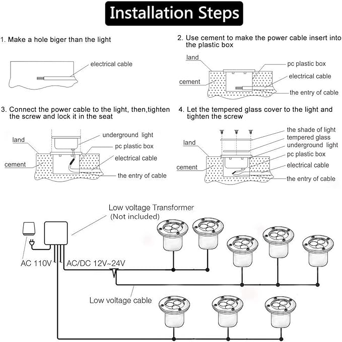 4 Pack LED Landscape Lights - 3W Low Voltage Ground Well Light DC 12V/24V Pathway Lights 300LM Warm White 3500K Water-Resistant LED Outdoor Spotlights for DrivewayYellow-24v(3w)