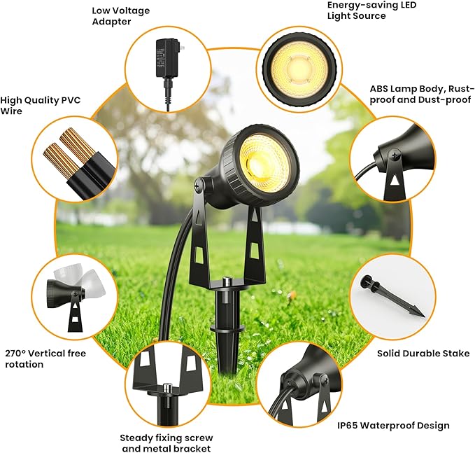Outdoor Landscape Lighting 10-Pack Low Voltage LED Spot Lights with Transformer Waterproof IP65 Outdoor Landscape Lights for Garden Yard Backyard Lawn Trees House Flags – Warm White