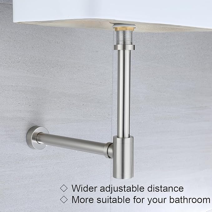 RANDOM Brass Round Bottle P-Trap 1 1/4Raise and Lengthen Adjustable Basin Sink Waste Drain Trap KitBrushed Nickel.RD-83888BN-L