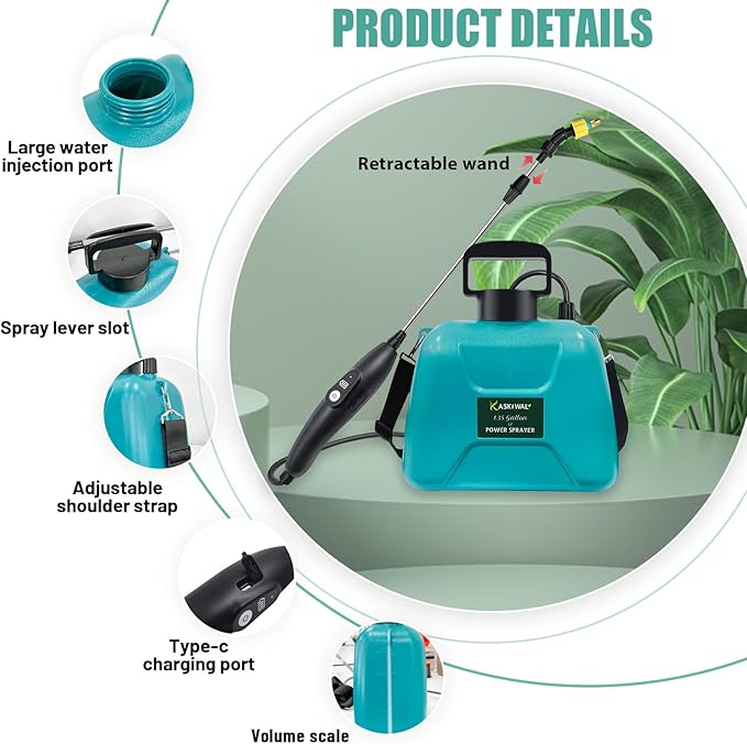 New Upgrade Battery Powered Garden Sprayer with 3 Mist Nozzles 1.35 Gal Lawn Water Sprayer with USB Rechargeable Handle and Telescopic WandPortable Electric Sprayer with Shoulder Strap for Gardening
