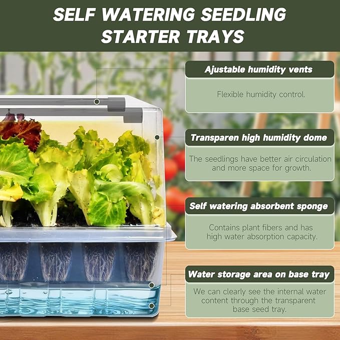 Self-Watering Seed Starter Tray with Grow Lights 60 Cells Seed Starter Kit Full Spectrum Grow Light for Seed Starting Timing Set Germination Tray Grow Kits with High Humidity Domes