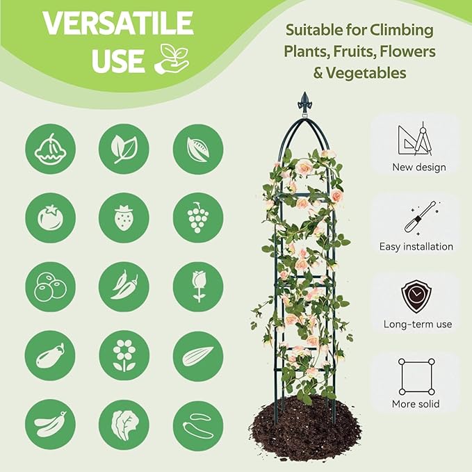 100% Metal Obelisk Trellis for Climbing Plants Outdoor &amp Indoor - Powder-Coated Thicken Steel Towering Plant Support - Weather-Proof Garden Trellis for Climbing Vine Vegetables &amp Flowers