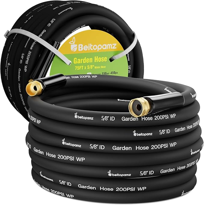 Garden Hose 75 ft x 5/8 in Heavy Duty Water Hose Flexible and Durable Lightweight Rubber Hybrid Hose Leak-Free Connections Male to Female 3/4'' Brass Fittings for Patio Lawn Black
