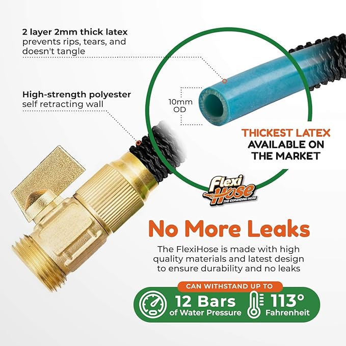 Flexi Hose Lightweight Expandable Garden Hose 50FT - Retractable Garden Hose Water Hose - No-Kink Flexibility 3/4 Inch Solid Brass Fittings and Double Latex Core