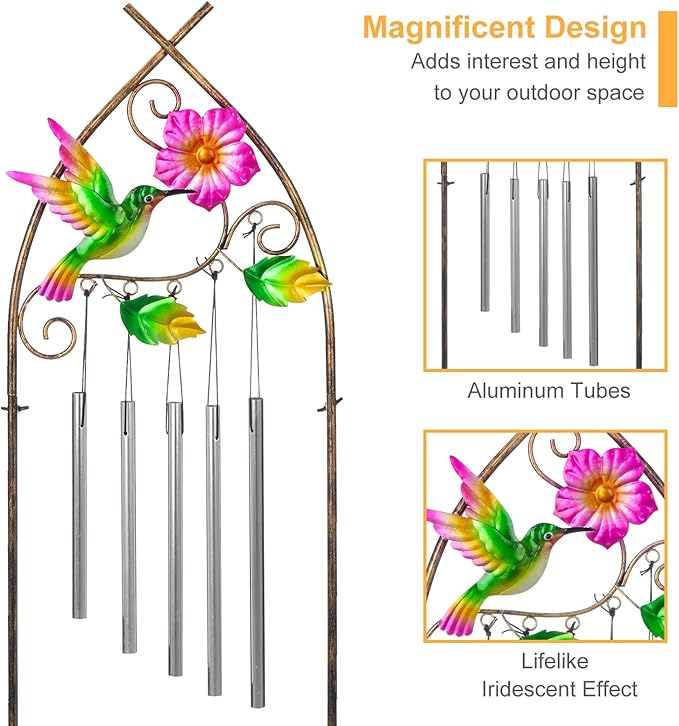 Garden Trellis with Plant Stands 48” Metal Detachable Hummingbird Plant Pot Trellis with Wind Chimes for Climbing Plants Outdoor Lawn Patio Porches Decor