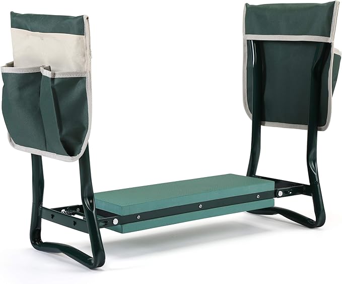 JAXPETY Garden Kneeler and Seat Foldable Gardening Stool Garden Bench with Thick EVA Pad 2 Tool Pouches Portable Kneeler for Gardening Gift for Family Green