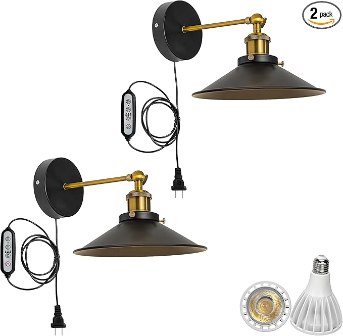 2-Pack Hook Mounted Plant Light Full Spectrum 6000K 25W White Light Timing Plug in Cord Industrial Style Black Wall Lamp for Flowers Growing Indoor Plants (DZ22x6)