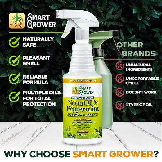 Neem Oil Spray for Plants with Peppermint Oil Natural Plant Wash Made for Indoor and Outdoor Plants Smart Grower 32oz Easy Ready to Use Spray
