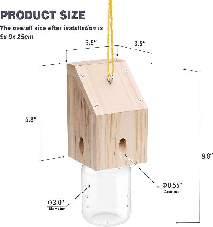Carpenter Bee Trap for Outside - Shed Style Nature Hanging Wood Trap for Outdoor with Removable Bee Vault Plastic Jar (2 Pack)