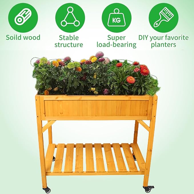 Elevated 8 Pocket Herb Garden Bed Mobile Raised Customizable Wood Planter for Herbs Vegetables Flowers w/Lockable Wheels Storage Shelf Drainage Holes