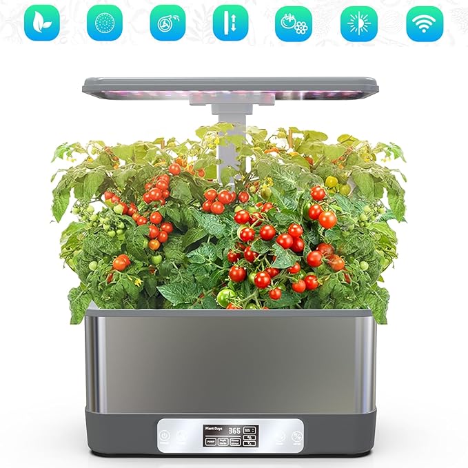 Indoor Herbs GardenWiFi&ampAPP-Hydroponics Growing System KitBHTNYOO/8 Pods Soilless Planting Gardening Boxs with LED Grow LightsWater Pump TimerTimerfor Home(Grey)