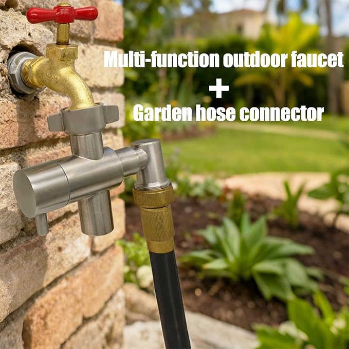 G-Sunny Stainless Steel Multi-Function Outdoor Faucet with Garden Hose Adapter Garden Hose Splitter with Extra Tap for Hand Washing Bucket Filling