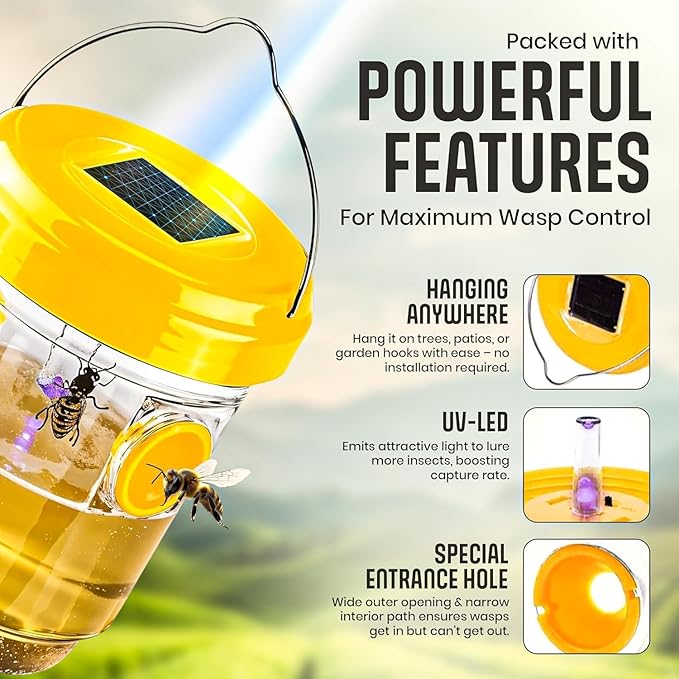 4 Pack Zapnest Solar Wasp Trap Outdoor Hanging Reusable Yellow Jacket Hornet Bee &amp Mud Dauber Catcher Bright Yellow Bug Repellent for Garden Patio &amp Yard