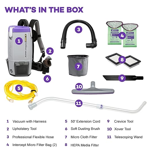 ProTeam Super Coach Pro 6 Backpack Vacuum Commercial with Telescoping Wand Tool Kit 6 Quart Corded 107310