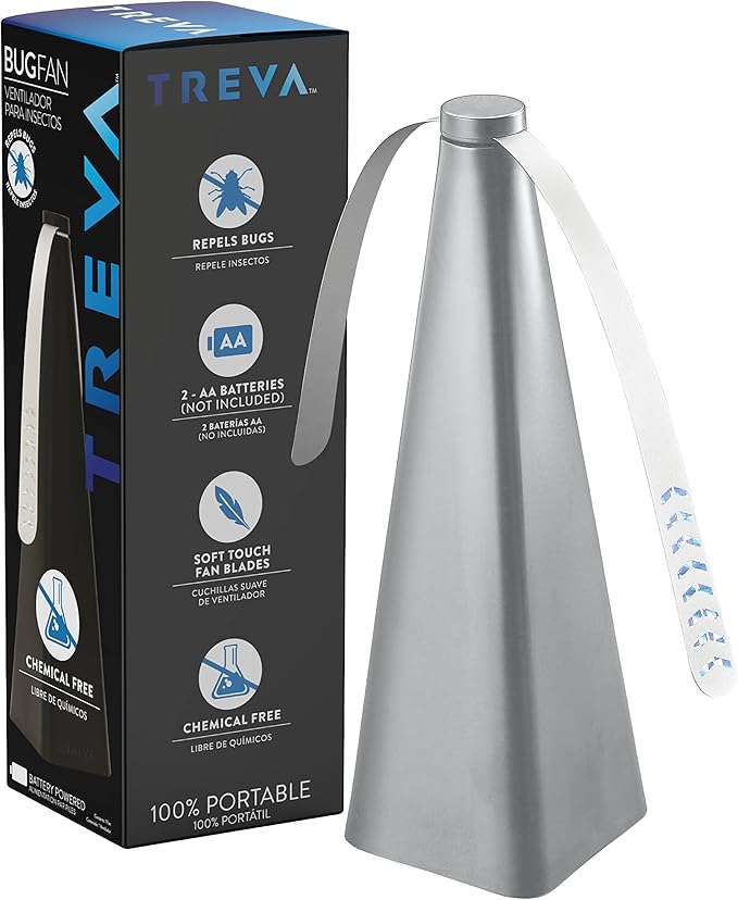 Treva Chemical Free Bug Fan Fly Deterrent with Holographic Blades to Clear Bugs Mosquitoes and Flies Battery Powered Fly Fan Silver (4 Pack)