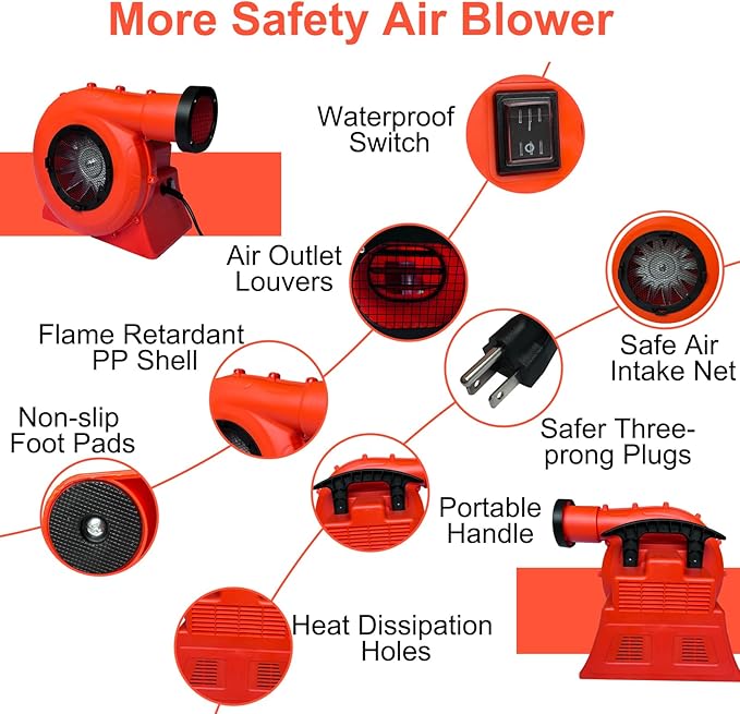 Air Blower 1100Watt/1.5HP Powerful Bounce House Blower Portable Fan Pump Commercial for Large Inflatables Water Slides Castle Jump Slides Holiday Decorations