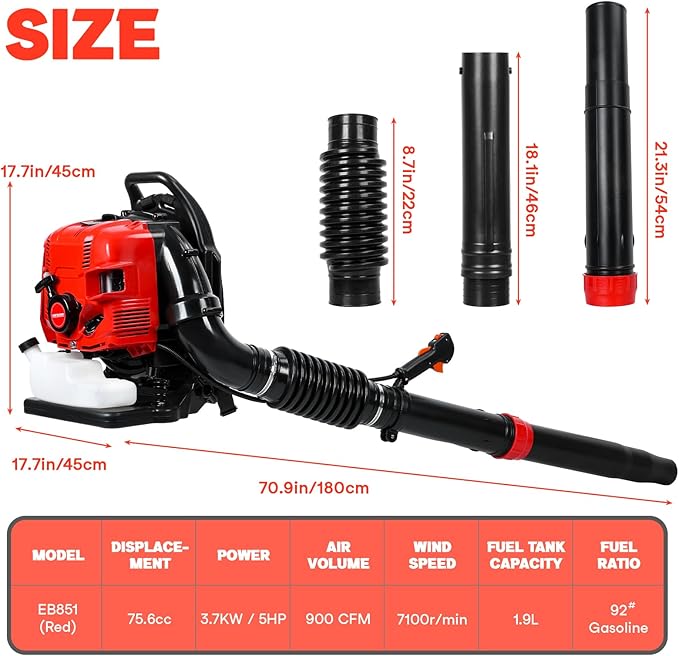 75.6CC Backpack Leaf Blower Gas Powered 4-Stroke Snow Blower 900 CFM 210 MPH with Cruise Control for Lawn Care Yard Debris &amp Snow Removal (Red)