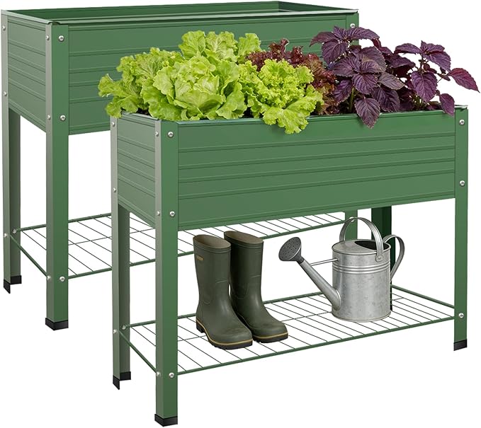 2-Pack Raised Garden Beds - Galvanized Steel Planter Boxes 400 lb Capacity 5 Drainage Holes &amp 2 Flow Channels Elevated Garden Bed with Mesh Bottom for Outdoor Gardening