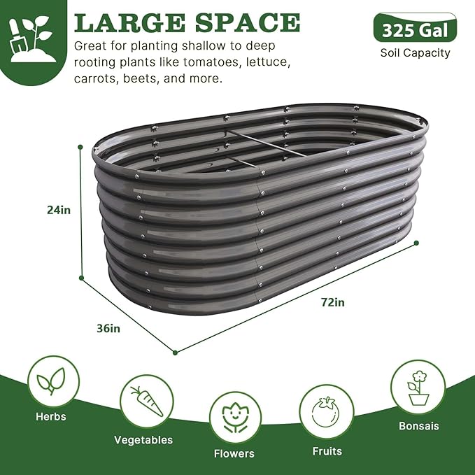 A ANLEOLIFE 6X3X2 ft Galvanized Raised Garden Beds Outdoor Oval Large Metal Deep Root Planter Box for Planting Vegetables Flowers Herb Anti-Rust &amp Easy-Setup Quartz Grey