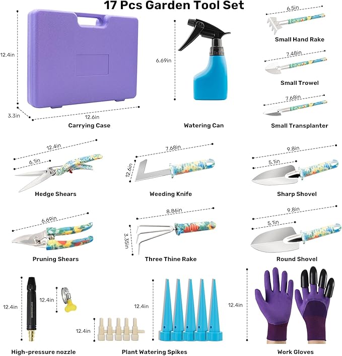 Garden Tool Set 17-Piece Garden Tools with Floral Print 304 Stainless Steel Garden Tools Set Gardening Kit Gardening Gifts for Women Blue