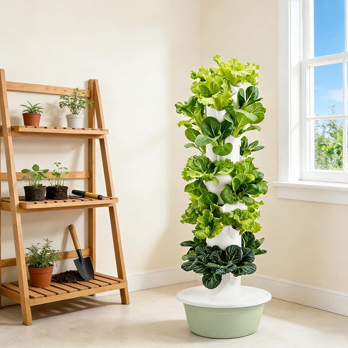 Hydroponic Growing System Kit Hydroponic Growing Tower with Automatic Water Circulation Indoor &amp Outdoor Vertical Planter Tower for Vegetables and Fruits with 4 LED Lights &amp Timer 9Layer