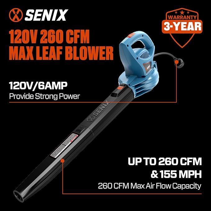 SENIX 6 AMP Handheld Electric Leaf Blower Up to 260 CFM and 155 MPH Lightweight 120V (BLE06-L)